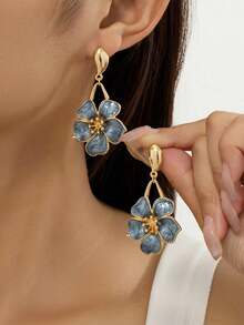 Par de Elegantes Pendientes Colgantes de Flor de Cincoétalos con Esmalte Blanco, Ideales para Uso Diario, Citas, Vacaciones - CombinacióVersátil - Azul grisáceo - Ver 7