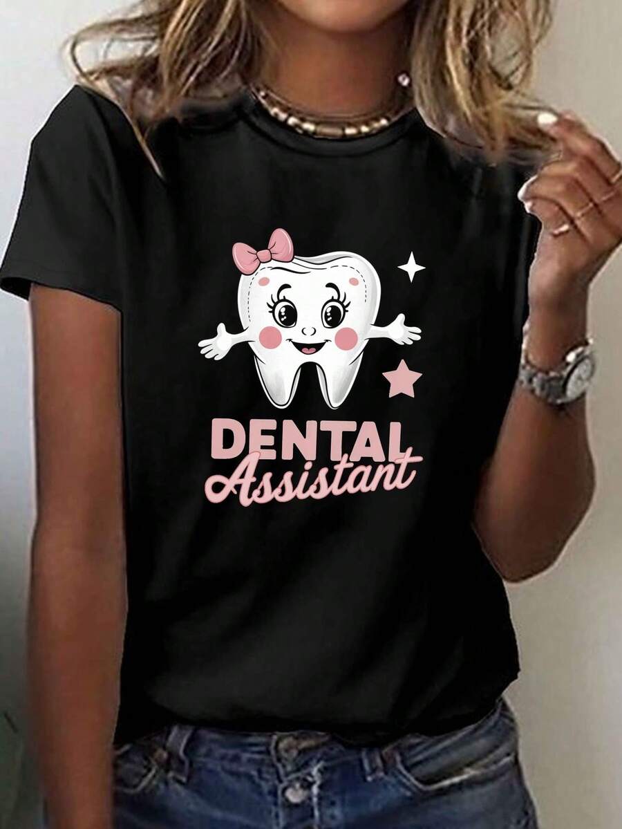 Camiseta de Asistente Dental, Manga Corta y Cuello Redondo, Top Casual para Verano y Primavera, Ropa de Mujer