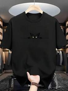 Camiseta Negra Casual para Hombre con Diseño de Gato Adorable -  Cuello Redondo, Manga Corta, Esencial para Atuendos Casuales de Verano - Negro - Ver 1