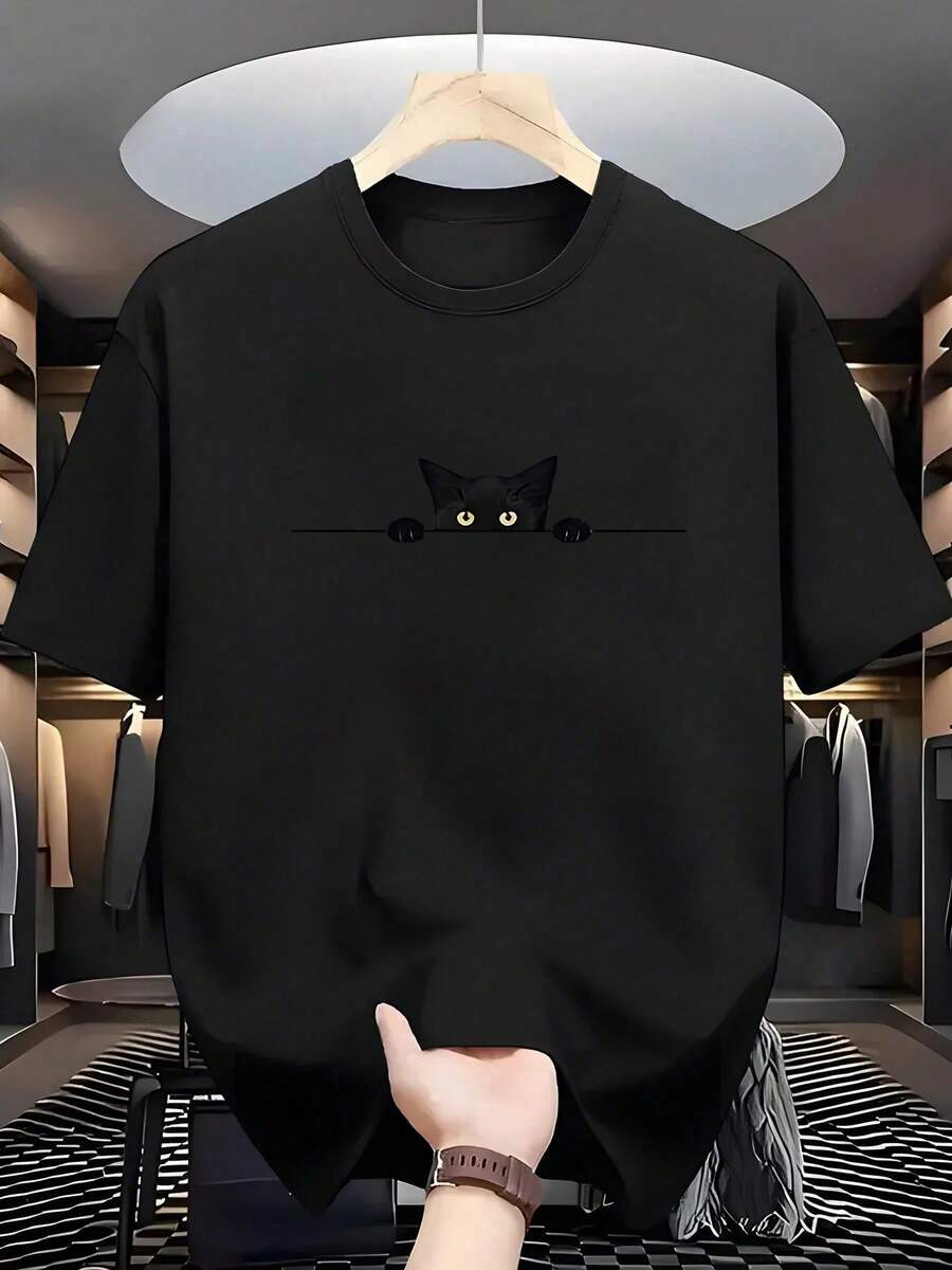 Camiseta Negra Casual para Hombre con Diseño de Gato Adorable - Cuello Redondo, Manga Corta, Esencial para Atuendos Casuales de Verano - Negro - Ver 1