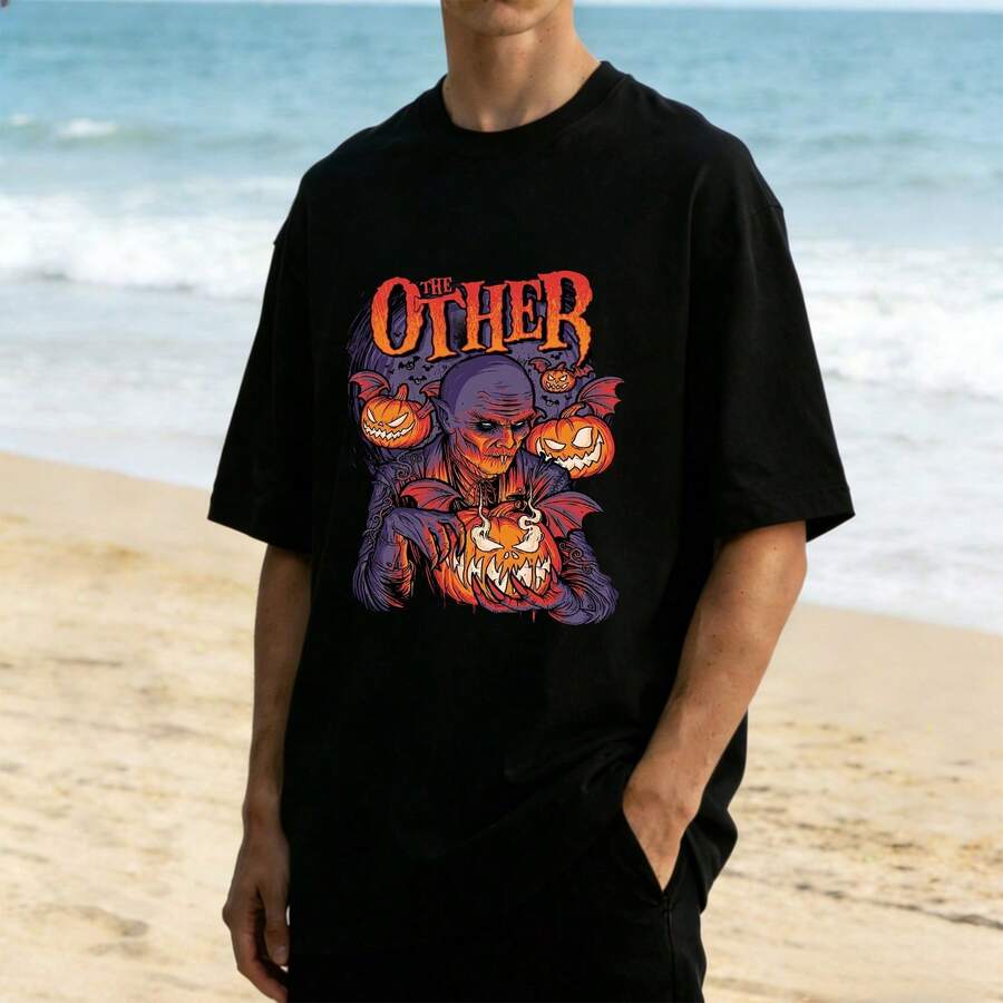 Vampire Pumpkin Horror Retro Tshirt, Gothic And Streetwear Style, Suitable For Both Men And Women. Excellent Gift Item. - 黑色 - 查看 1
