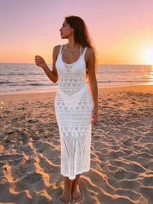 NZZOF Women's Solid Color Spring/Summer Crochet Hollow Out Beach Cover-Up Long Dress (Bikini Not Included) Vacation White - White - View 4