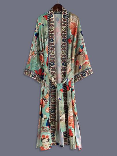 Bohemian Art Style Patchwork Toucan Vintage Print Mid-Length Kimono Cover Up Thin Jacket Women Elegant Casual Party Cover-Up Beach Vacation Travel Haori Japanese Style Cape Split Waist Tie Robe Dress Costume