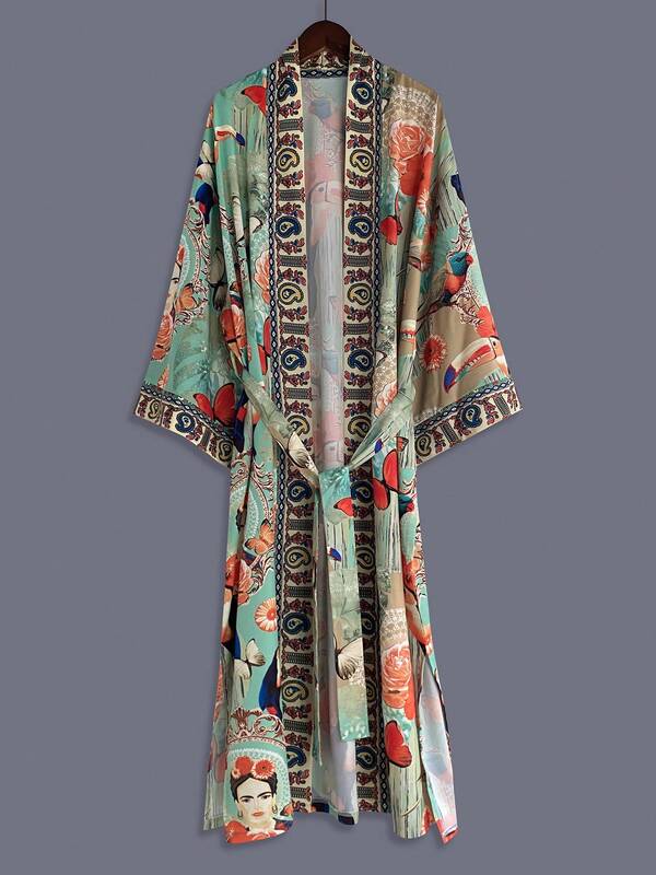 Butterfly Vintage Print Mid-Length Kimono Cover Up Thin Jacket Women Elegant Casual Party Cover-Up Beach Sand Travel Vacation Haori Japanese Style Thin Cape Jacket Split Hem Home Bathrobe Robe Belt Bathrobe Cover-Up Dress Long Robe Cosplay Costume