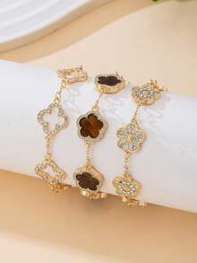 Juego de Pulseras de Lujo con Decoracióde Trébol y Pedrerí, Marróy Dorado, Elegante y Dulce, Apilable/Versátil - Multicolor 4 - Ver 1