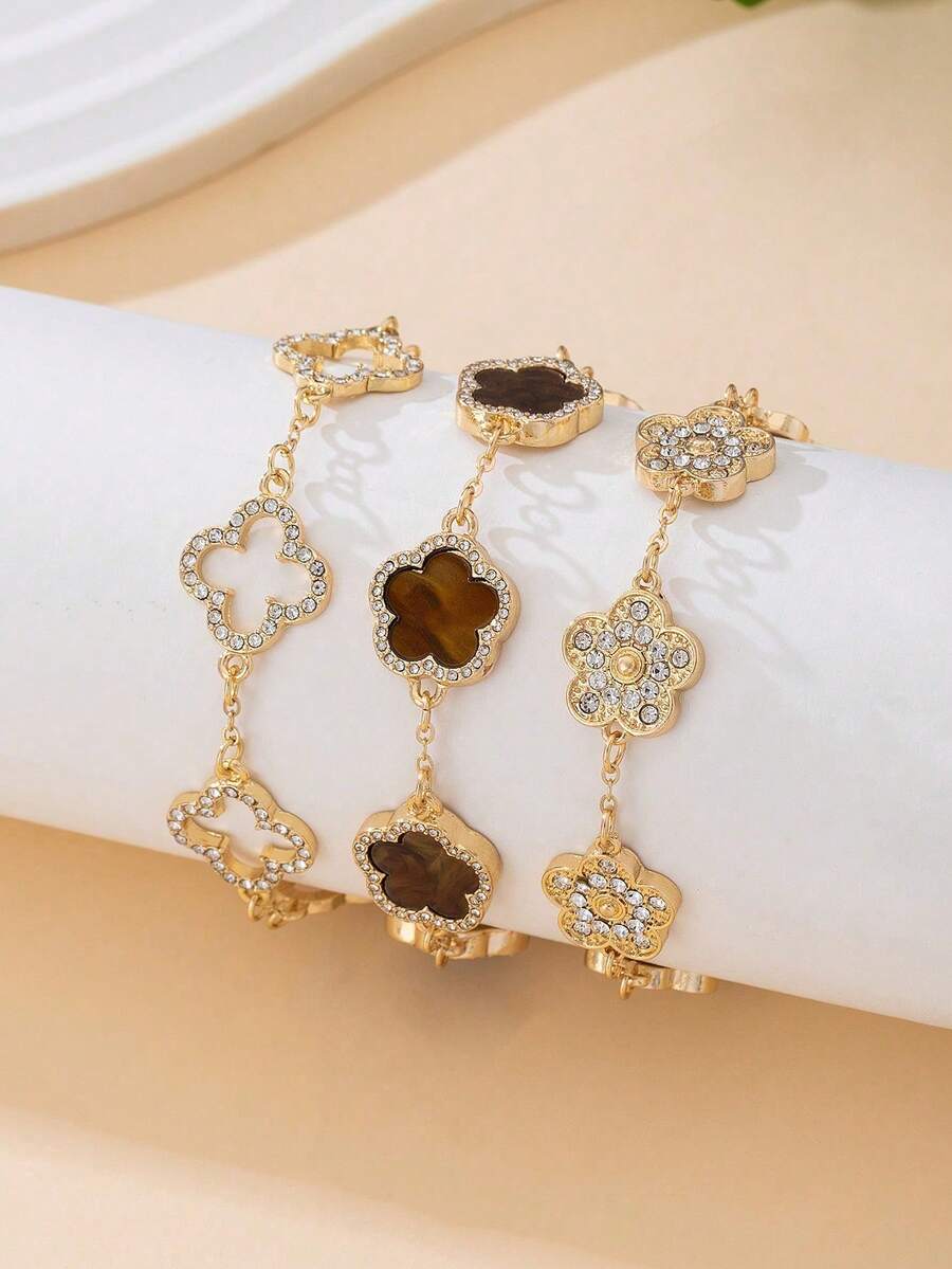 Juego de Pulseras de Lujo con Decoracióde Trébol y Pedrerí, Marróy Dorado, Elegante y Dulce, Apilable/Versátil - Multicolor 4 - Ver 1