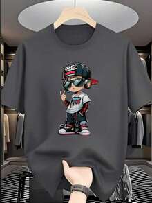 Short-Sleeved T-Shirt With Round Neck And Casual Print For Pre-Teen Boys, Summer Top - Dark Grey - View 1