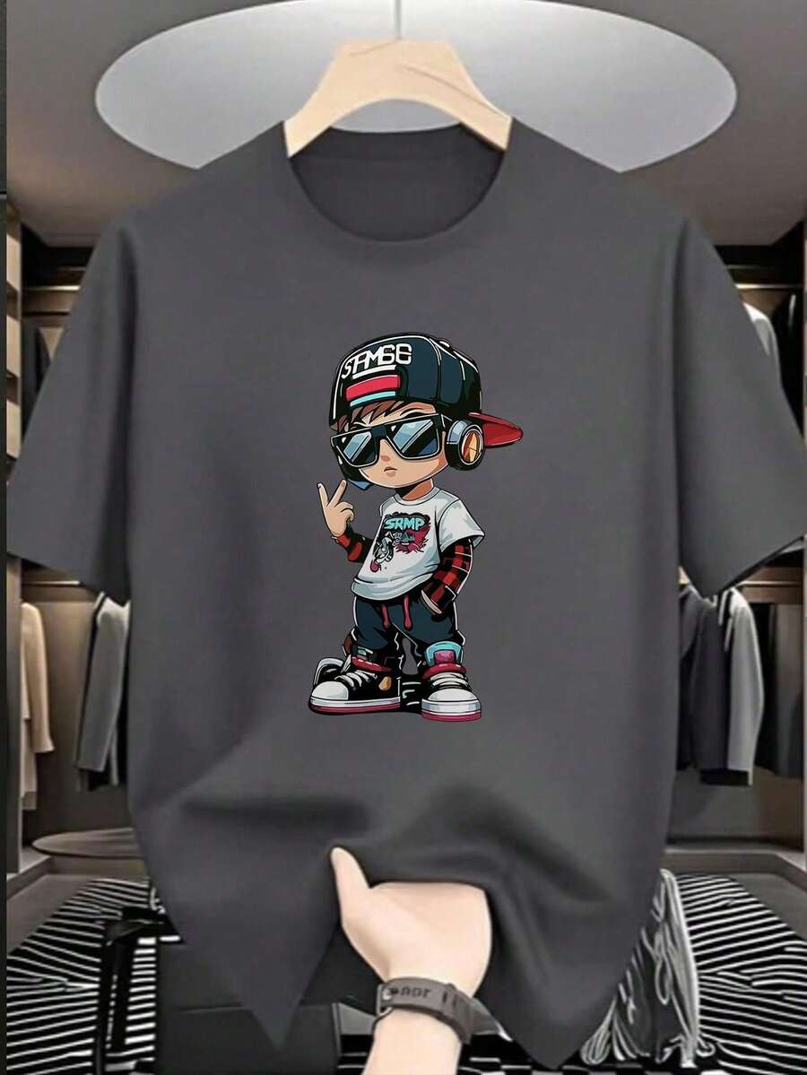 Short-Sleeved T-Shirt With Round Neck And Casual Print For Pre-Teen Boys, Summer Top - Dark Grey - View 1