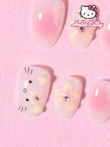 Sanrio Hello Kitty 24片短橢圓穿戴甲，可愛3D Hello Kitty、3D凝膠花朵與珍珠設計，適用於壓克力假指甲套組，含1片果凍膠與1片指甲锉，適合女性與女孩日常、派對、聚會使用 - 彩色 - 查看 3