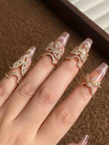 4pcs Exquisite Fashion Cubic Zirconia Fingertip Nail Rings Set, Suitable For Women Party And Wedding Wear - Yellow Gold - View 6