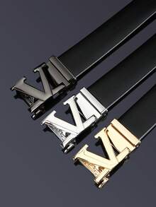 Ceinture pour homme à boucle automatique avec lettre V, noir et blanc, personnalisée, pour le travail, la taille, les pantalons, couleur unie, décontractée, pour les jeunes, la maison, les fêtes et les voyages, 120 cm, 1 pièce - Noir - Voir 2