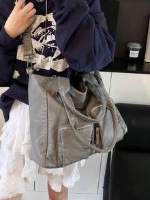 黑色PU皮革柔軟鱷魚紋大容量托特包，多口袋設計，附肩背帶與斜背帶，可容納16吋筆電與文件夾，適合上班、購物、旅行、度假及休閒穿搭，適合喜好大包款的顧客 - 灰色 - 查看 4