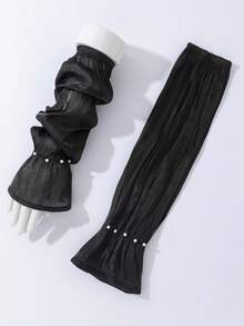 1 Pair Pearlescent Chiffon Pearl Trim Bell Sleeve Arm Covers, Soft Thin Breathable Arm Sleeves - Black-260 - View 4