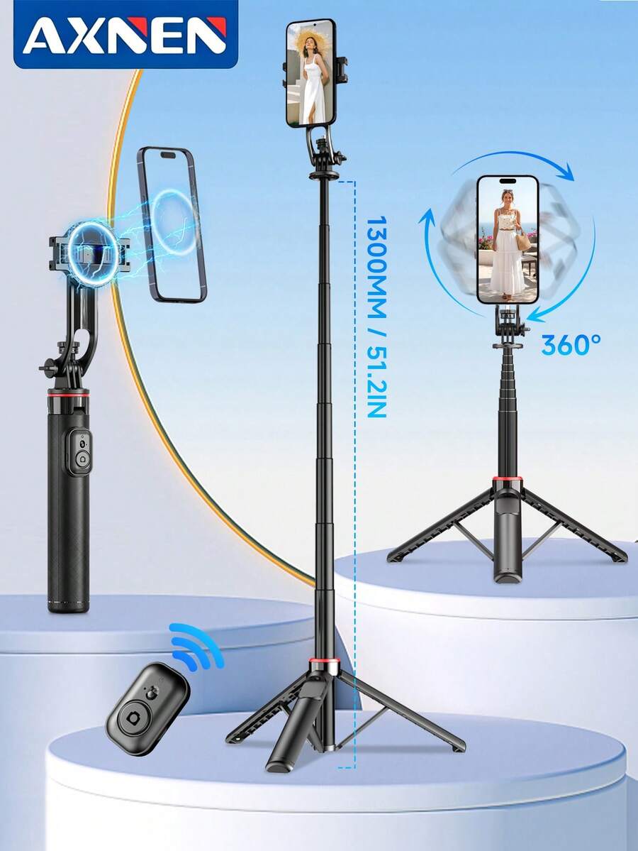 AXNEN 1300mm/51.2 Inch Wireless Selfie Stick Phone Tripod, Extendable Foldable Monopod, Compatible With Smartphones, With Magnetic Phone Holder And Remote Control, Suitable For Summer Vacation, Travel, Outdoor Activities, Live Streaming And Other Photography And Live Streaming Occasions - one-size - View 1