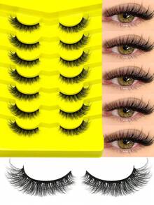 GROINNEYA 7 paires de faux cils en vison synthétique œil de chat naturel, cils croisés duveteux, cils volumineux vaporeux, cils œil de chat allongés, faux cils réutilisables et confortables, maquillage beauté, parfaits pour les photos - Noir - Voir 2
