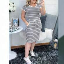 Vestido de primavera y verano, nuevo, estilo europeo y americano, de corte ajustado, talla grande, con cuello redondo, bolsillos y rayas, ropa casual para mujer. - Negro - Ver 3