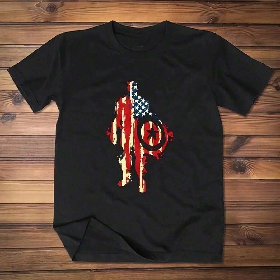 Oversized T-Shirt With Flag Print, Crew Neck, Basic Streetwear Casual Vintage Style Urban Rock Aesthetic Women's Clothing Y2K - 黑色 - 查看 1