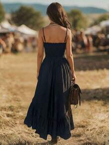 Holidaya Vestido de mujer de longitud media con cintura ceñida, estilo bohemio casual para vacaciones, con parte delantera corta y parte traser - Azul marino - Ver 3