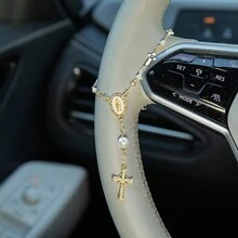 Universal Car Rearview Mirror Rosary (With Pendant) And Cross Evil Eye Rearview Mirror Hanging Ornament, Gold Car Rearview Mirror Metal Medal And Cross Pendant, Cross Bracelet, Virgin Mary Bracelet, Baptism Prayer Bracelet - A - View 8