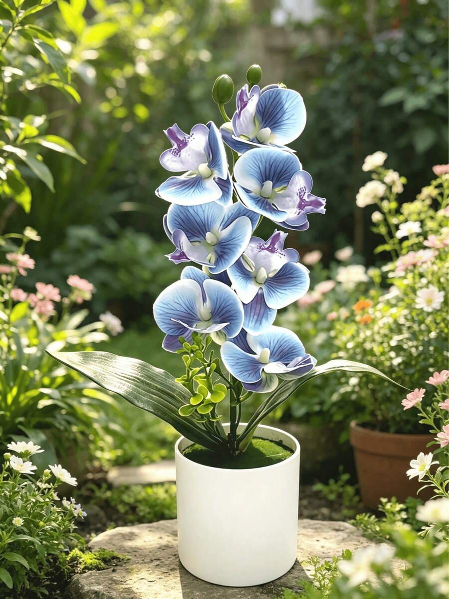 1pc Artificial Phalaenopsis Orchid Potted Plant, Realistic Fake Orchid Flower Bonsai, Silk Artificial Floral Decor, Maintenance-Free Artificial Flower Bonsai, Aesthetic Table Centerpiece Decoration For Living Room, Bedroom, Office, Wedding Garden, Home Desktop - Multicolor - View 1