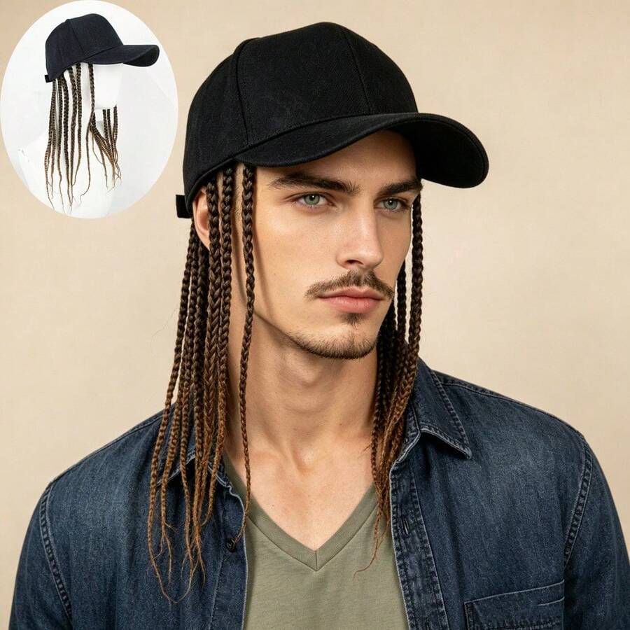 European American Men Integrated Cap & Wig, Adjustable Hip Hop Small Braids Baseball Cap - Black - View 1