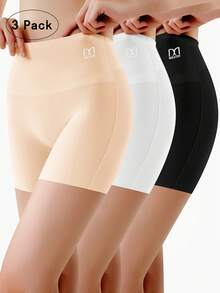 Women's High-Waisted Shorts With Tummy Control And Anti-Exposure Design (Sports Boxer Style) - Black Beige White - View 1