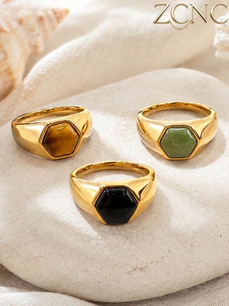 1pc 18K Gold Plated Women's Natural Stone Geometric Pattern Stainless Steel Ring (Green/Purple/Black) Suitable For Daily Wear, Party, Business Meeting And Other Occasions, Ideal For Valentine's Day/Anniversary/Gift/Mother's Day/Halloween/Christmas/Elderly Jewelry Gift - Ring - View 1