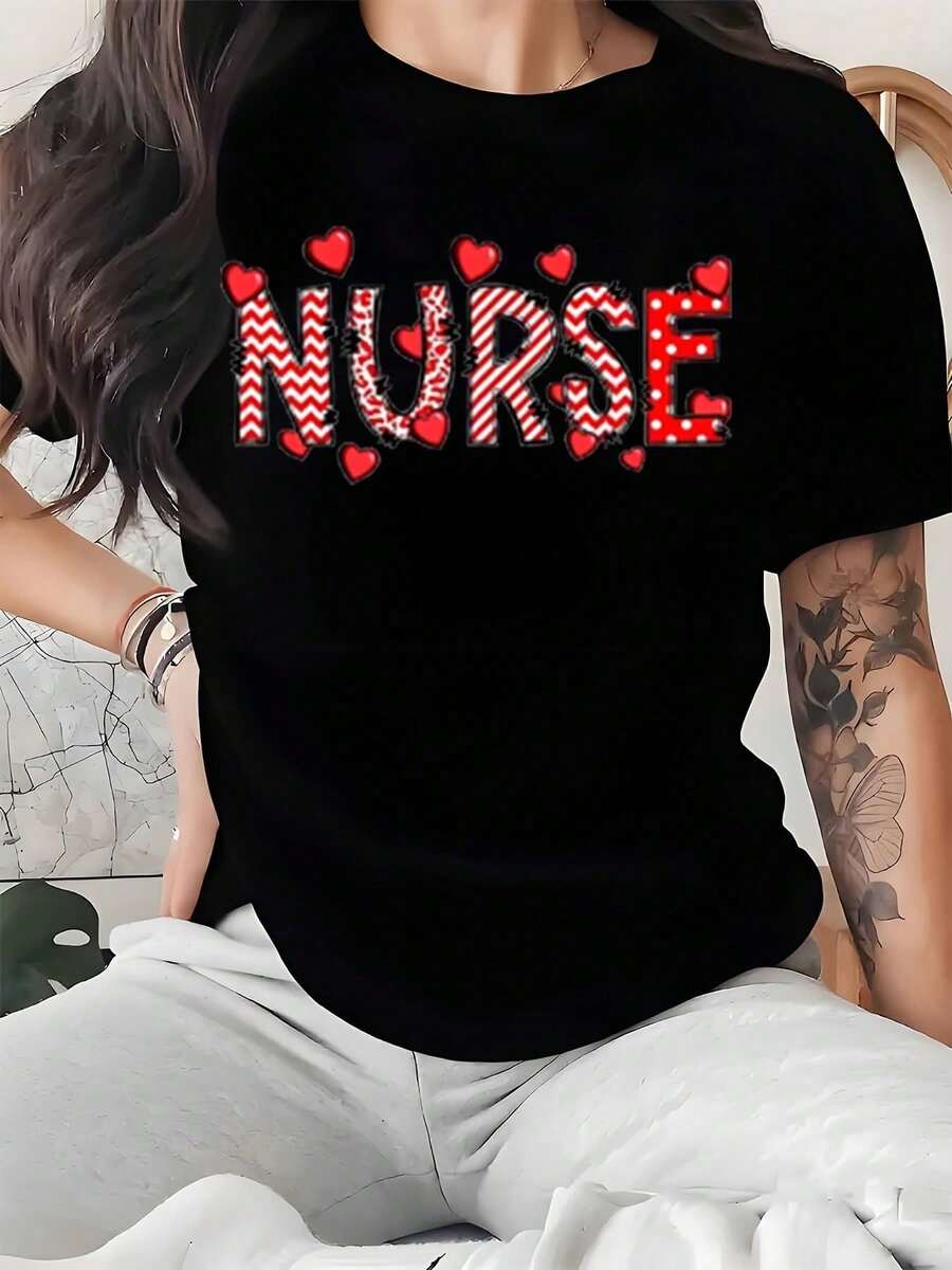 Women's Short Sleeve Printed T-Shirt, Fashionable For Going Out In The City, Casual Women's T-Shirt With Nurse Heart Print, Soft And Comfortable, Gift For Nurse's Day - 黑色 - 查看 1