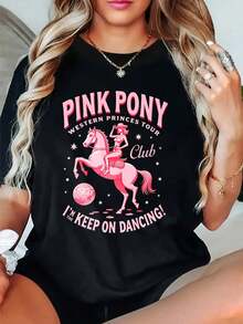 playera mexico mujer Camiseta de algodón de manga corta para mujer, opciones en negro y blanco, transpirable, corte holgado, cuello redondo, Pink Pony Western Pr vaquero y2k tenis halloween - Negro - Ver 1