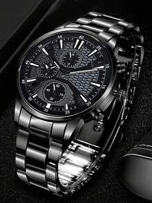 1/4pcs Set, Men's Fashion Round Dial Quartz Watch With Matching Cuban Bracelet, Arrow Pendant Necklace, Ring, Versatile Exquisite Accessories, Thanksgiving Family Boys Graduation Season Memorial Gift For Friends (Gift Box Not Included) - Black - View 6