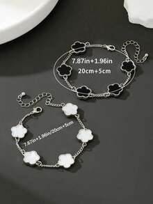 1pc/2pcs Minimalist Fashion Classic Black & White Clover Chain Bracelet Set, Birthday Gift - Black and White - View 3