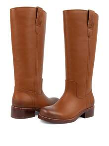 Campus Knee High Boots For Women Squared Toe Knee High Boots Wide Calf Tall Boots Stacked Pull On Low Heels Riding Boots For Students Girls - Brown - View 7