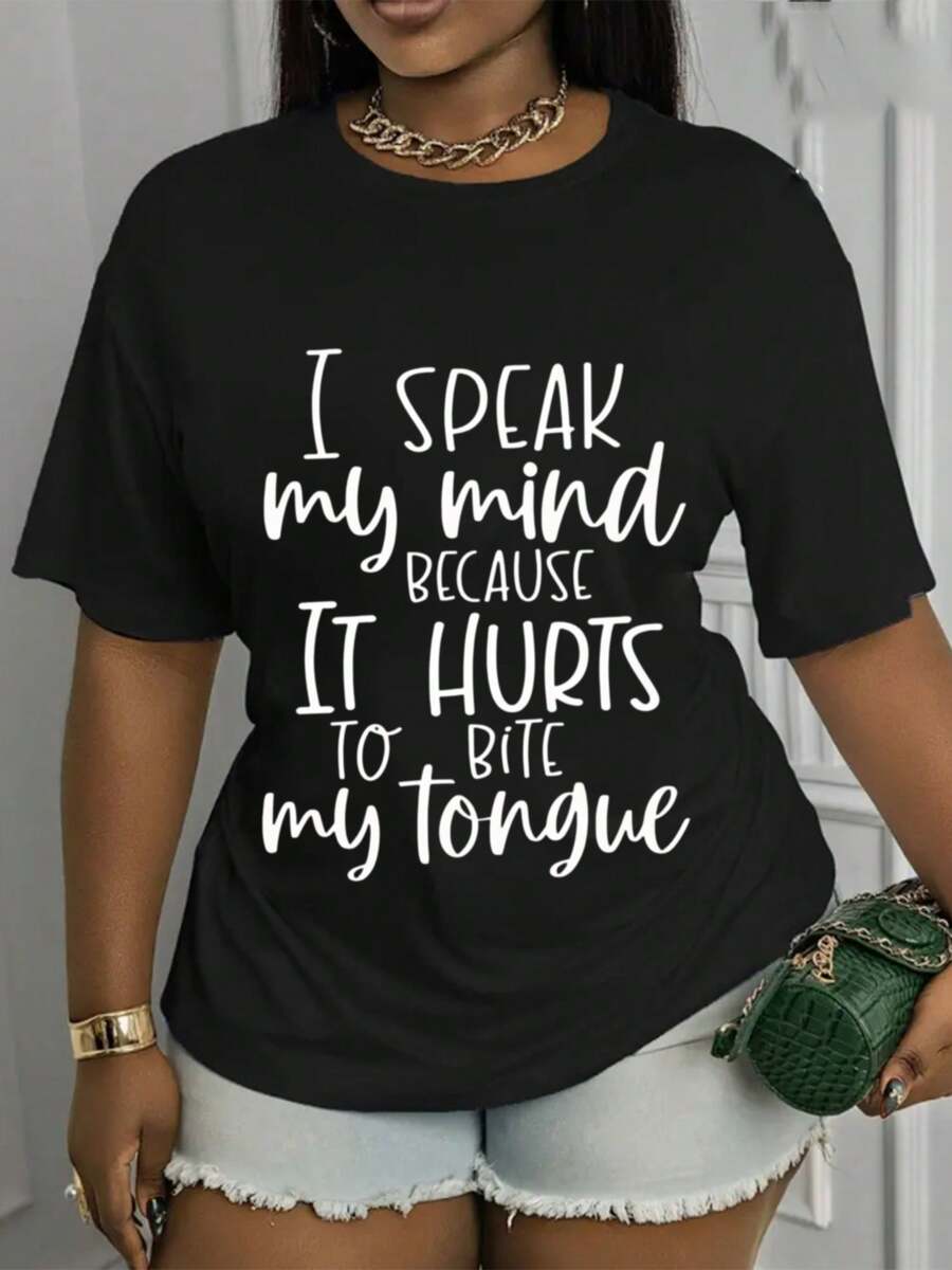 Short-Sleeved T-Shirt With A Round Neck And Print, Featuring The Graphic Design: 'I Speak My Mind Because It Hurts'. This Stylish T-Shirt Features A Casual Round Neckline, A Knitted Fabric - 黑色 - 查看 1