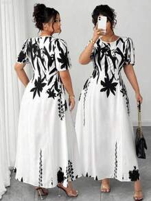 xuehuamaoyi02  Vestido midi de línea A con cintura ceñida, elegante y favorecedora para mujer talla grande, ideal para uso diario y para ir al - Blanco y Negro - Ver 1