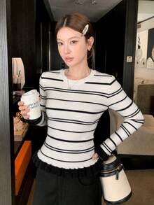 Women's Round Neck Pullover Fuzzy Knit Sweater Top, Striped Base Layer/Outerwear For Autumn/Winter - Black and White - View 2