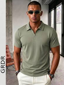 GRDR Men's Solid Color Short Sleeve Zipper Design Casual Versatile T-Shirt - Army Green - View 4
