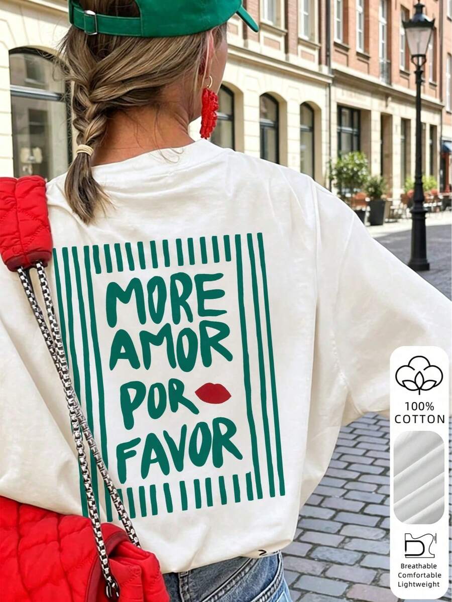 女款夏季 More Amor Por Favor 唇形與字母背印寬鬆 T-shirt，口號寬鬆上衣，適合城市漫步、度假、約會休閒白色 - 白色 - 查看 1
