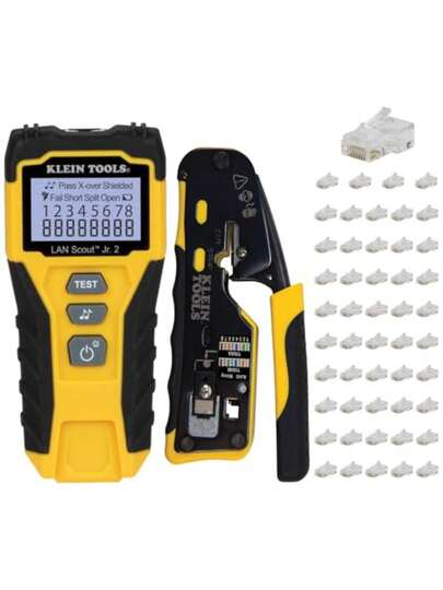 Klein Tools 80072 RJ45 Kit de probador de cables con LAN Scout Jr. 2 crimpadora coaxial pelacables herramienta de corte y enchufe de datos modular de paso