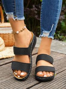 Louis Elegant Women's Shoes, Summer New Round Toe Thick Sole Open Toe Flat Sandals, Hook And Loop Design, Fashionable Minimalist Style Women's Flat Sandals, Soft Sole Beach Shoes Suitable For Travel, Vacation, Beach, Street, Party, Home And Other Various Occasions, Can Also Be Paired With Any Summer Outfit Black Sandals - Black - View 5