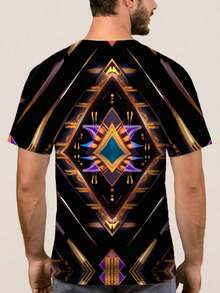 Camiseta con Adorno  Abstracto para Hombre - Diseño Radial Sin Costuras con Diamantes Entrelazados y Detalles de  Angular en Dorado, Morado y Azul Eléctrico, Corte Cómodo con Cu - Negro - Ver 4