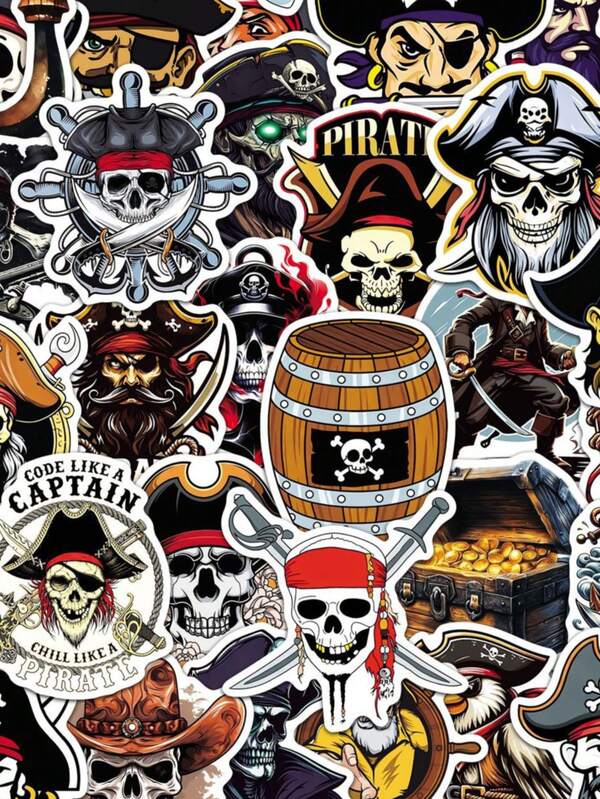 50Pcs Cartoon Pirate Stickers Fun Pirate Decoration Graffiti Stickers Art Stickers Vinyl Waterproof Stickers For Journaling Computer Scrapbook Luggage Water Bottle Phone