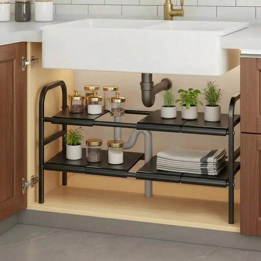 2-Tier Under Sink Organizer With 8 Removable Bins - Black - View 1