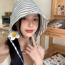 夏季遮陽帽，復古防曬帽，融入全新高品質水桶帽元素，透氣女款帽，條紋遮臉水桶帽－多功能遮陽帽，可調節尺寸 - 彩色 - 查看 9