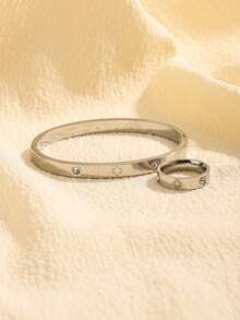 2PCS Fashion Elegant Gold/Silver Round Cubic Zirconia Clover Shape Women's Bracelet & Ring Set, Suitable For Daily/Date Wear, Perfect Gift Choice - Silver - View 2