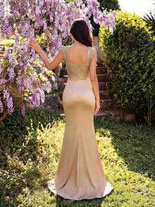 Beaded Mermaid Evening Gown, Slimming High Slit Toasting Dress, Elegant Elegant Long Dress Wedding Party - Champagne - View 7