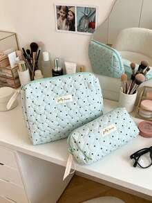 Cute Heart Quilted Makeup Bag Light Blue Polka Dot Cotton Cosmetic Organizer Case Portable Large Capacity Travel Toiletry Bag With Inner Mesh Pocket - Baby Blue - View 18