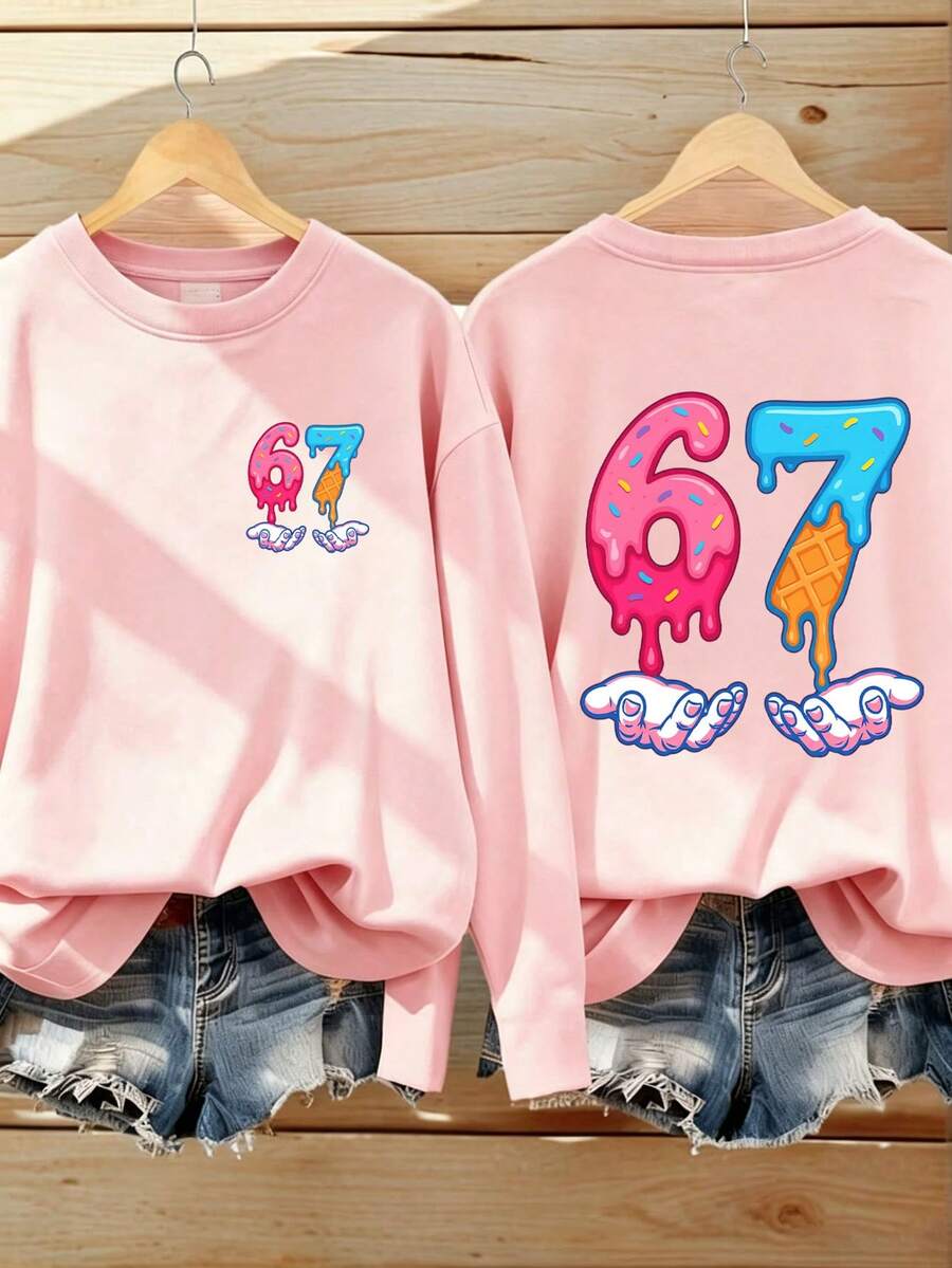 Tween Girl Casual Fun Print Crew Neck Pullover Long Sleeve T-Shirt Autumn/Winter Top - Pink - View 1
