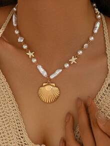 pieza de collar de cuentas hecho mano con conchas marinas naturales blancas, estilo isleñ, diseñmoderno con colgante de concha dorada, adecuado para que las mujeres lo usen en vacacio - Multicolor 10 - Ver 5
