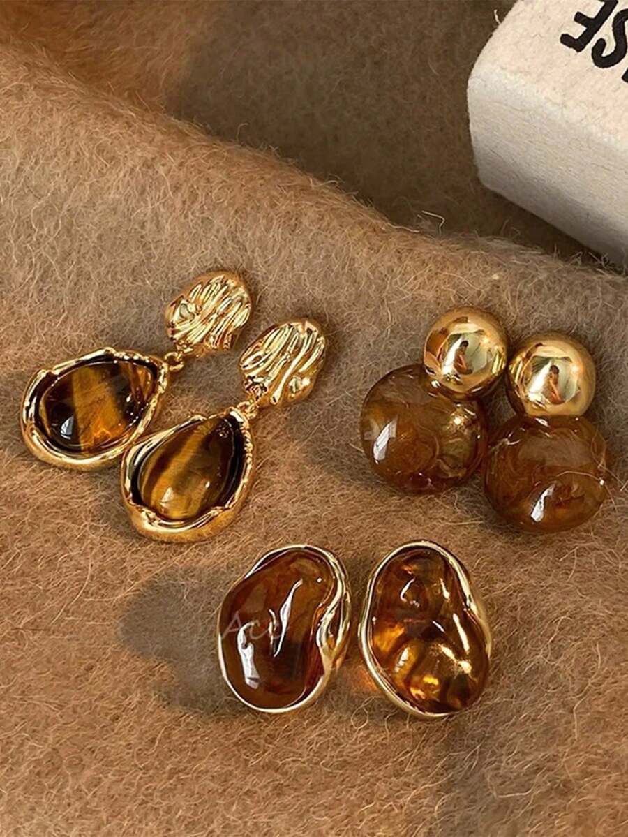 3 Pares de Pendientes Elegantes Vintage de Color Ámbar con Incrustaciones de Resina para Mujeres, Uso Versátil para Vestimenta Formal Diaria, y Baile - Marrón - Ver 1