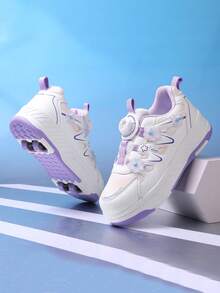 Girls' 4-Wheel Roller Shoes, New Children's Roller Skate Sneakers, All-Season Mesh Upper Lightweight Durable Roller Shoes, Fashionable Hook And Loop Adjustable Dual-Wheel Hidden Roller Shoes, Removable Wheels, 2-In-1 Roller Skate Shoes, Inline Skate Shoes, Sports Shoes With Wheels For Teenagers - Violet Purple - View 4